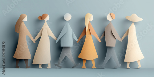 Paper chain dolls holding hands against a minimalist background  