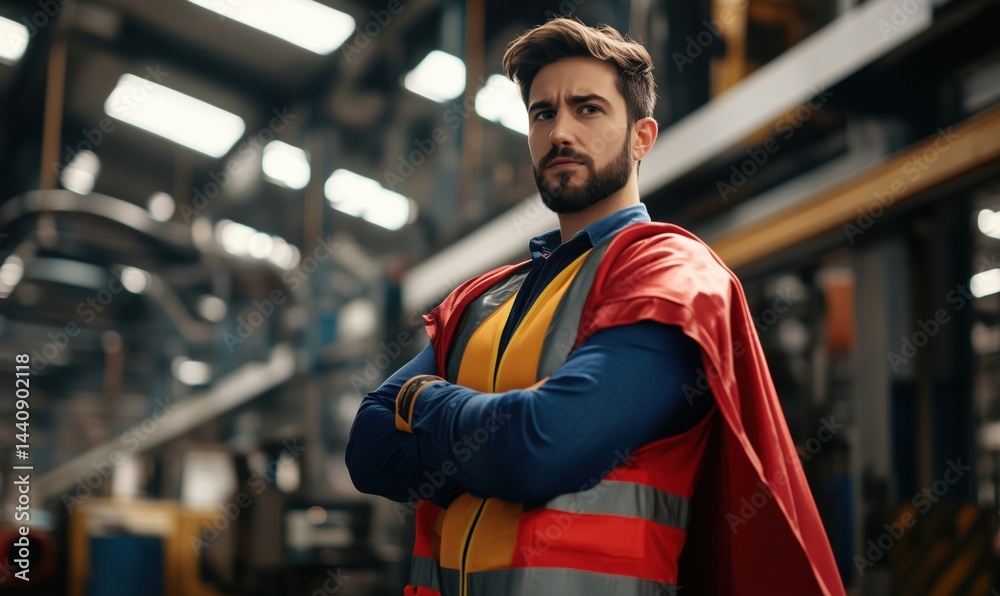 Superhero in industrial setting wearing safety gear and cape, symbolizing safety and strength