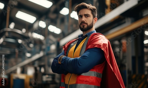 Obraz na płótnie Superhero in industrial setting wearing safety gear and cape, symbolizing safety and strength w salonie