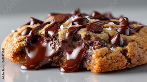 a close-up of a rich, gooey chocolate chip cookie with melting chips on a white isolated background, warm and indulgent design