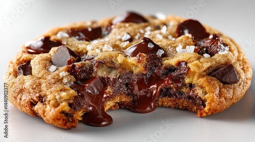 a close-up of a rich, gooey chocolate chip cookie with melting chips on a white isolated background, warm and indulgent design