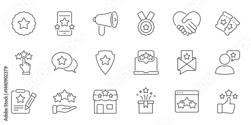Customer Feedback And Rating Icons Set. User Reviews, Quality Assurance, And Satisfaction Outline Symbol Collection. Business And Marketing Evaluation. Editable Stroke. Isolated Vector Illustration