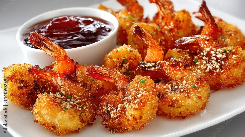 a fresh plate of crispy fried shrimp with a golden coating and cocktail sauce on a white isolated background, crunchy and savory design a fresh plate of crispy fried shrimp with a golden coating and cocktail sauce on a white isolated background, crunchy and savory design