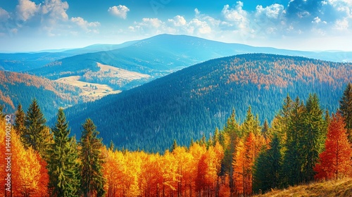 Autumn mountains. Vibrant foliage and distant peaks