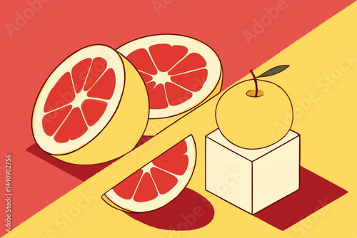 89 Minimalist still life, grapefruit halves, yellow apple, geometric cube, bold colors, red and yellow background, harsh shadows, clean composition, studio lighting, high contrast, vibrant, modern aes