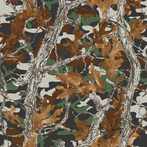 Realistic forest camouflage. Seamless pattern. Trees, branches, green and brown oak leaves. Useable for hunting and military purposes. Hunting camo texture. Abstract camouflage