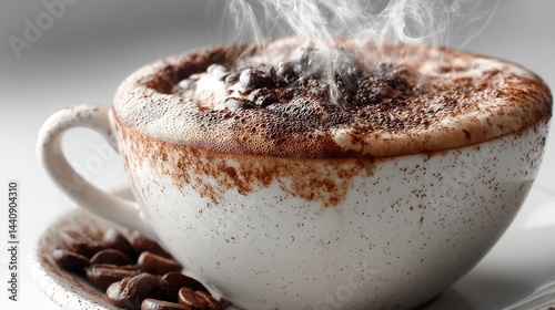 a steaming cup of hot coffee with milk foam and a dusting of cocoa powder on a white isolated background, aromatic and energizing design