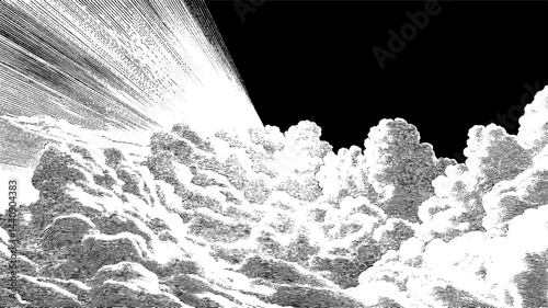 Retro 1950s black and white sky illustration with dramatic clouds and sun rays