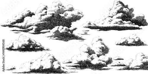 Vintage 1950s black and white cloud illustrations for retro design projects