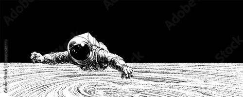 Retro astronaut floating in space: 1950s woodcut black and white illustration for vintage design