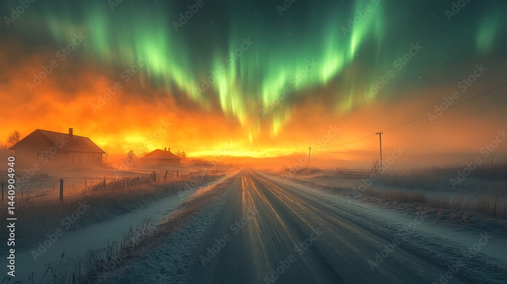 Fototapeta premium Aurora Borealis over Snowy Road and Houses