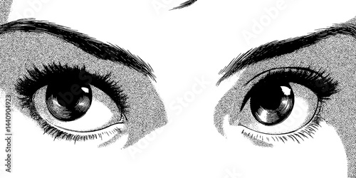 Retro 1950s inspired black and white woodcut style eye illustration for vintage design