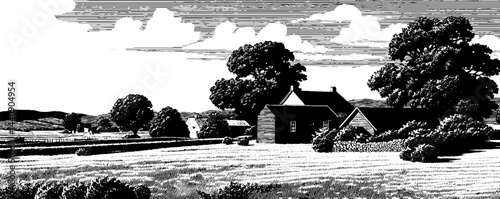 Vintage 1950s woodcut style landscape illustration in black and white