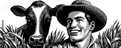 Retro 1950s woodcut style farmer and cow black and white illustration for vintage design