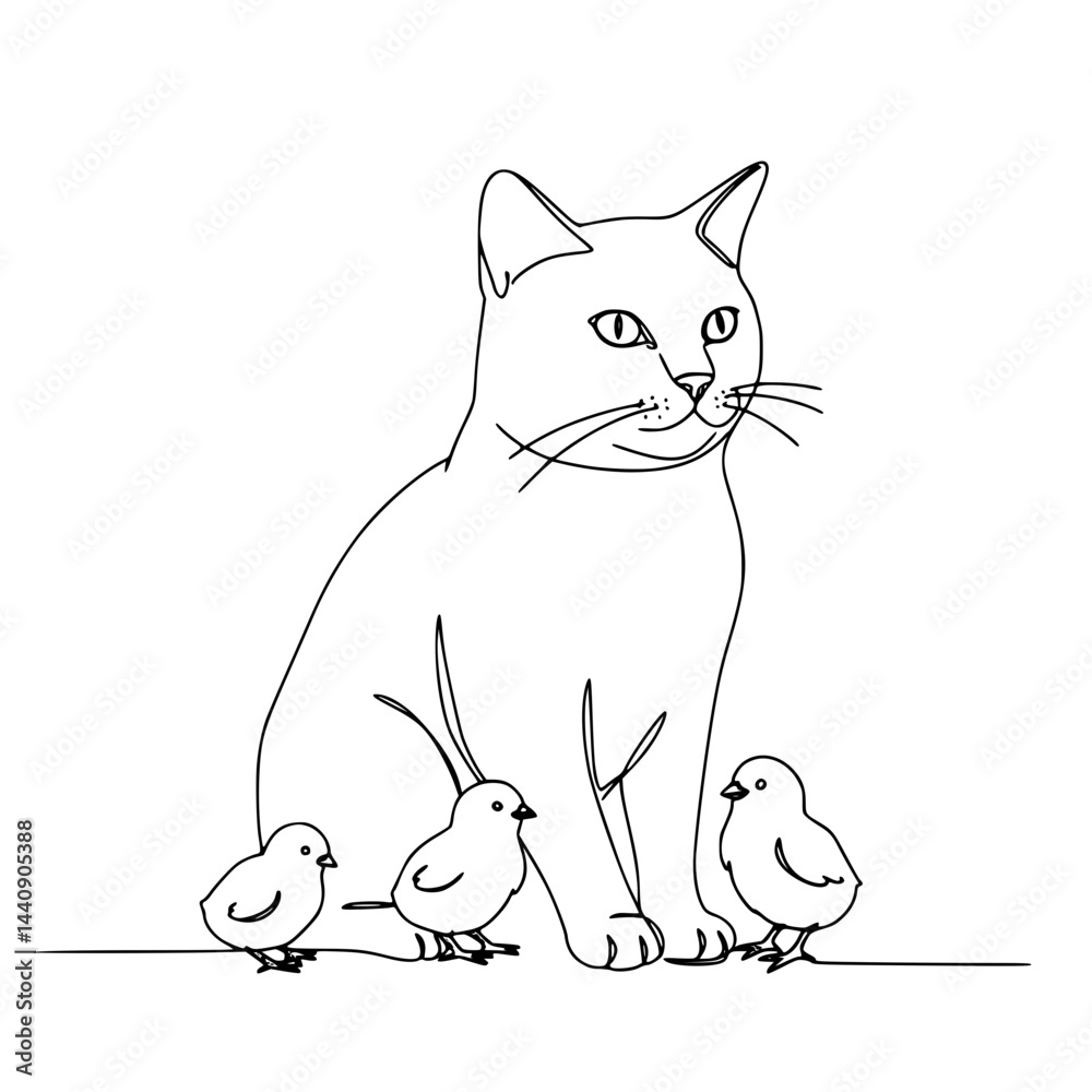 Obraz premium Cat with three chicks in a minimalist line drawing on transparent background 