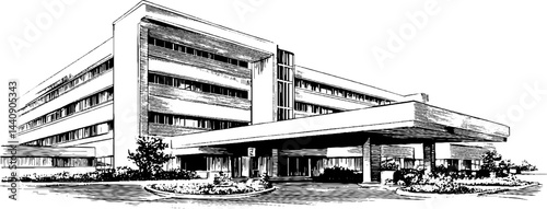 Vintage 1950s woodcut style black and white illustration of mid-century building design