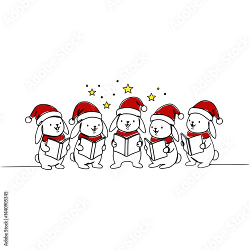 Christmas rabbits singing carols in festive hats and scarves - line drawing on transparent background  