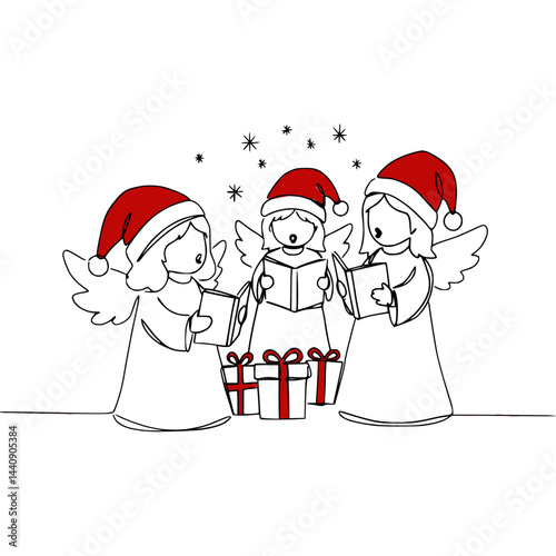 Three Christmas Angels Singing with Gifts and Stars, Line Drawing  