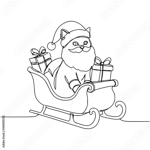 Vector line drawing of a cat in a Santa hat, happy, riding a sleigh with gifts, Christmas theme