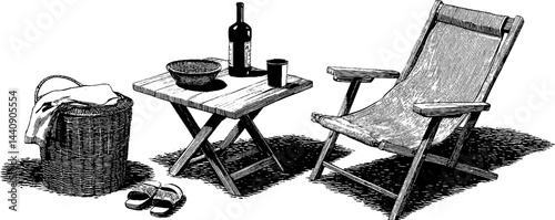 Mid-century leisure scene with deck chair, table, and basket in black and white