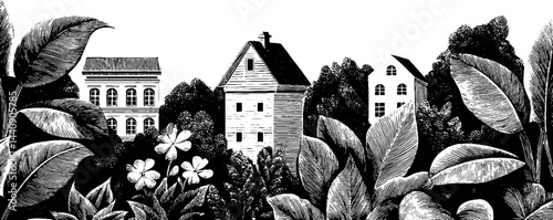 Vintage 1950s woodcut style black and white streetscape illustration design