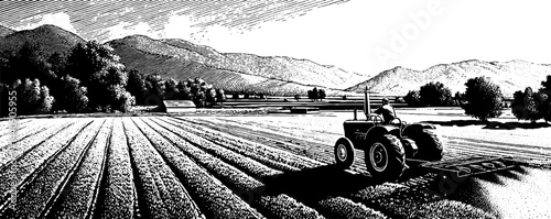 Vintage 1950s woodcut style black and white rural farm landscape illustration