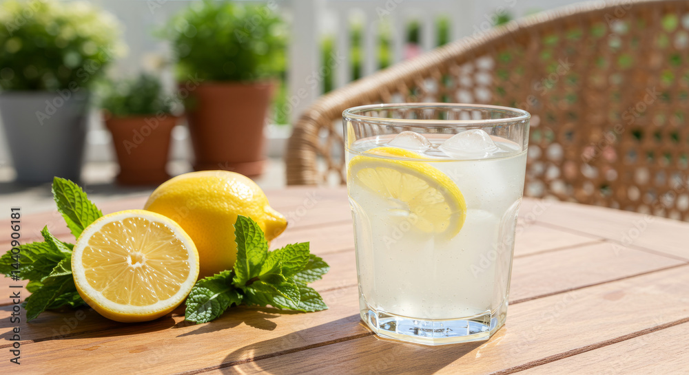 Fototapeta premium Lemonade glass with lemon and mint on sunny patio table.