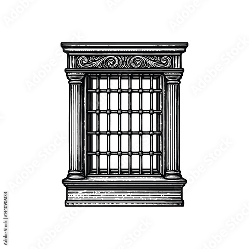 Engraved Illustration of Ornate Window with Iron Bars and Pillars, drawn in an engraved, woodcut style with fine details sketch engraving vector illustration. Scratch board imitation. Black and white 