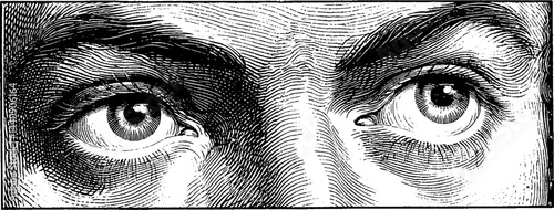 Vintage 1950s woodcut style eye illustration in black and white