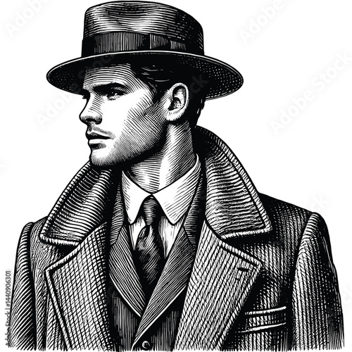 Engraved Illustration of Vintage Man in Trench Coat and Fedora Hat, drawn in an engraved, woodcut style with fine details sketch engraving vector illustration. Scratch board imitation. Black and white