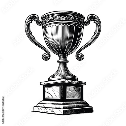 Engraved Illustration of a Classic Trophy with Marble Base, drawn in an engraved, woodcut style with fine details sketch engraving vector illustration. Scratch board imitation. Black and white image. 