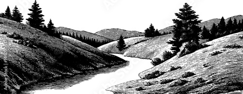 Vintage landscape in 1950s woodcut style black and white illustration
