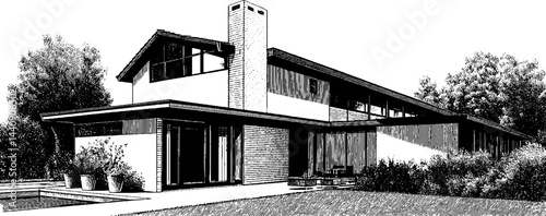 Mid-century modern house in 1950s woodcut illustration style for vintage design