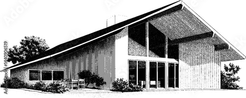 Mid-century modern house in 1950s woodcut style black and white illustration