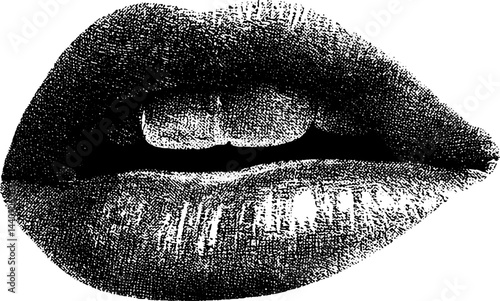 Retro 1950s woodcut style black and white illustration of lips for design and print