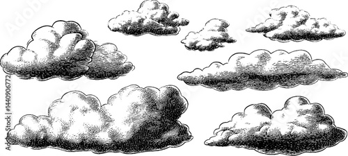 Retro 1950s woodcut style clouds illustration set in black and white