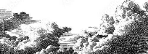 Engraved sky illustration with bold lines and clouds. Vintage black and white art featuring detailed texture and classic atmospheric design.