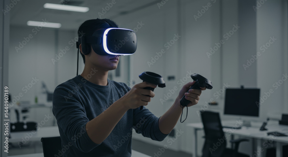 Person using a VR headset and controllers in an office. Person using a VR headset and controllers in an office.