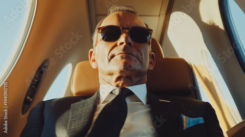  Confident businessman wearing sunglasses in private jet