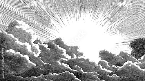 Engraved sky border with dramatic clouds and radiant sunburst for design