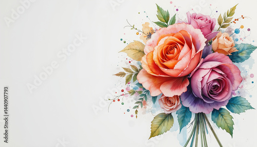 Watercolor painting of colorful rose bouquet with artistic brush strokes on white background with copy space