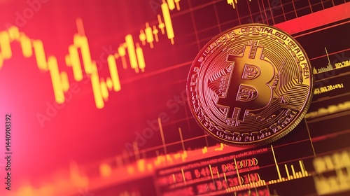 Close up of a bitcoin coin with a red background and a chart showing price fluctuations in the market