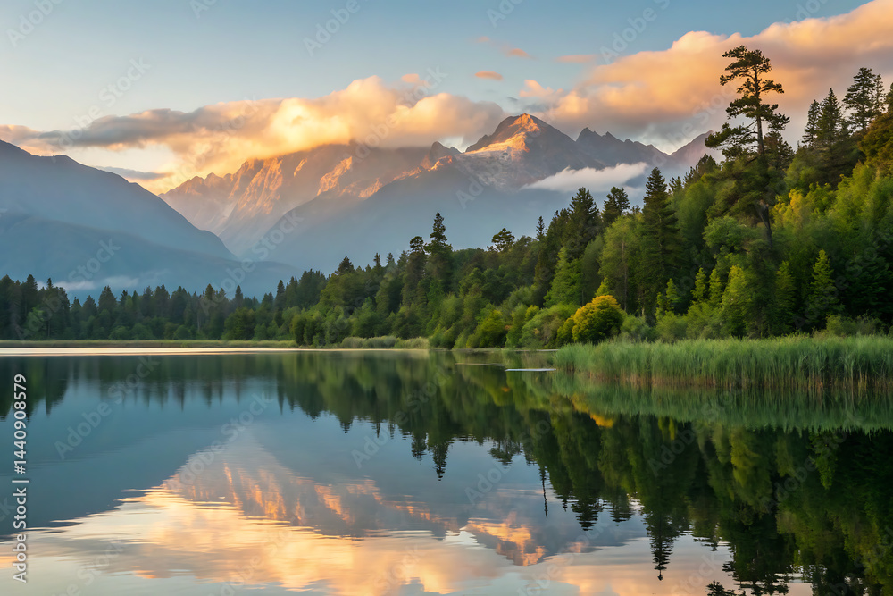 Fototapeta premium A peaceful scene unfolds as misty dawn breaks over a calm lake, bordered by vibrant green forests and towering mountains, with a gentle fog drifting in.
