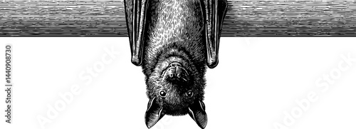 Engraved bat illustration hanging upside down for nature art