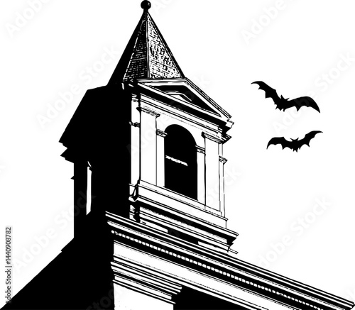 Engraved silhouette of bell tower with flying bats. Gothic architecture in black and white contrast, capturing eerie night sky and spire in vintage style.