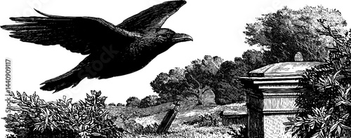 Engraved illustration of crow flying over a grave in serene landscape setting
