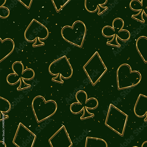 Seamless pattern with randomly scattered card suits icons on dark green textured background. Golden contour outline symbols of hearts, clubs, spades, diamonds. Luxury style. Gambling, casino theme