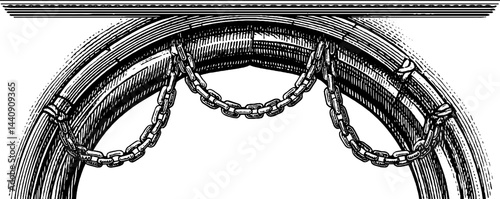 Gothic architectural arch with hanging chains engraved art design