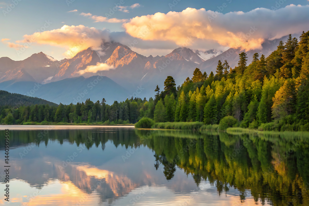 A peaceful scene unfolds as misty dawn breaks over a calm lake, bordered by vibrant green forests and towering mountains, with a gentle fog drifting in.