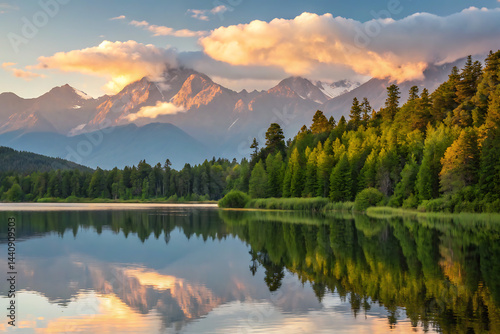 Obraz na płótnie A peaceful scene unfolds as misty dawn breaks over a calm lake, bordered by vibrant green forests and towering mountains, with a gentle fog drifting in. w salonie